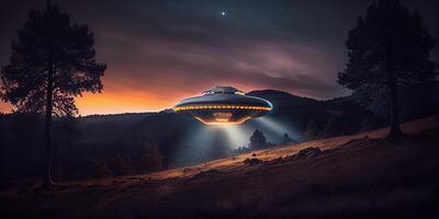 génératif ai illustration de une Stationnaire OVNI planant dans le collines, avec une mystérieux et sinistre atmosphère photo