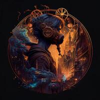 génératif ai illustration de cyberpunk zodiaque signe avec une industriel fumée, mécanicien détail sur épaules, pollution, centré à l'intérieur complexe or et Feu cercle de ville et grattes ciels, vapeur punk photo