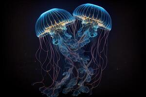 génératif ai illustration de embrasé mer méduses sur foncé arrière-plan, lumière, la magie, mer photo