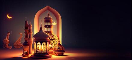 génératif ai illustration de islamique vacances. Ramadan nuit. mosquée et lanterne affiché sur étapes avec embrasé lumière dans le soir. fond d'écran et bannière Contexte. photo