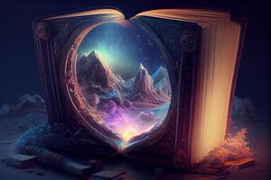 génératif ai illustration de livre de connaissance, univers, fantaisie épique atmosphère, magnifique visuel effets. connaissance ouvert Nouveau monde. photo