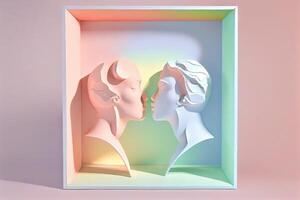 génératif ai illustration de diorama style de personnages portrait, l'amour est dans le air homme femme baiser, pastel volumétrique lumière photo