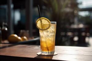 du froid limonade dans verre sur table Extérieur café génératif ai photo