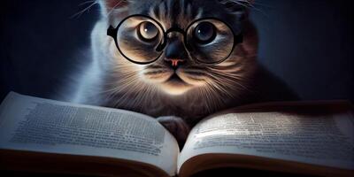 génératif ai illustration de intelligent sérieux chat dans des lunettes en train de lire une livre, volumn lumière photo