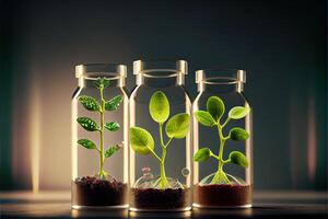 génératif ai illustration de science et biotechnologie concept. croissance de plante dans laboratoire photo