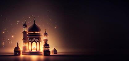 génératif ai illustration de islamique vacances. Ramadan nuit. mosquée et lanterne affiché sur étapes avec embrasé lumière dans le soir. fond d'écran et bannière Contexte. photo