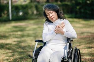 asiatique vieux femme séance sur une fauteuil roulant en plein air dans le parc avoir douleur dans le bras, poignets et corps dans Soleil lumière photo