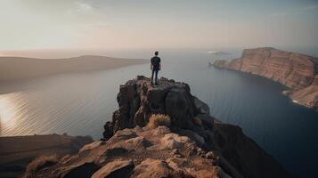 une Jeune adolescent âge promeneur est permanent sur le bord de une falaise profiter une spectaculaire négliger de le célèbre Colorado rivière. génératif ai photo