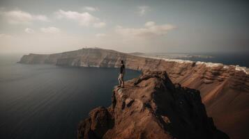 une Jeune adolescent âge promeneur est permanent sur le bord de une falaise profiter une spectaculaire négliger de le célèbre Colorado rivière. génératif ai photo