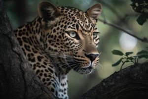 proche en haut Jeune léopard portrait. proche en haut magnifique en colère gros léopard dans forêt. génératif ai photo