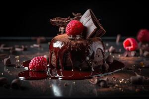 traditionnel fait maison Chocolat gâteau sucré Pâtisserie dessert avec marron glaçage, cerises, framboise, groseille sur ancien en bois Contexte. foncé nourriture photo, rustique style, Naturel lumière. génératif ai. photo