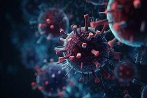 microscope fermer de le coronavirus covid-19 maladie. 2019-ncov diffusion dans corps cellule. 3d le rendu de le les bactéries sur une microscopique niveau. génératif ai photo