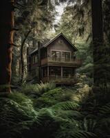 une moderne maison dans forêt parfait pour isolé vacances ou juste une paisible se détendre dans le lien avec la nature. moderne architecture. génératif ai. photo