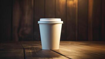 papier tasse de café sur en bois mur Contexte. génératif ai photo