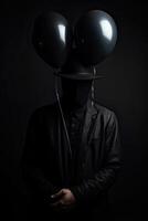 une homme vaisselle une noir chemise couvertures le sien visage avec une noir ballon. cache de problèmes. génératif ai. photo