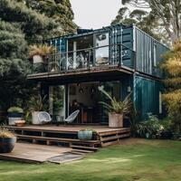 moderne métal bâtiment fabriqué de livraison conteneurs et dans forêt et bleu ciel Contexte. récipient maison conception dans forêt. génératif ai photo