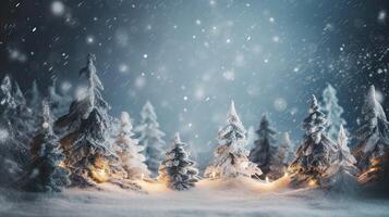 Noël arbre et Noël lumières sur abstrait neigeux paysage arrière-plan, Noël Contexte concept avec La publicité espace. génératif ai. photo