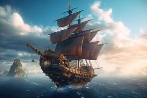 3d illustration futuriste de une pirate navire voile sur le ciel. génératif ai. photo