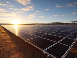 solaire panneaux ferme ou solaire appel ferme sur vert collines champ et bleu ciel Contexte .énergie et éco environnement concept .se concentrer sur premier solaire panneau. génératif ai. photo