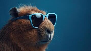 Célibataire capybara avec des lunettes de soleil sur bleu Contexte le tête à la recherche élégant et cool. génératif ai. photo