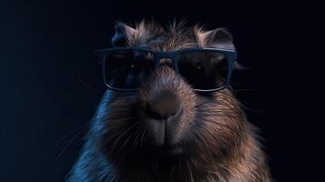 Célibataire capybara avec des lunettes de soleil sur noir Contexte le tête à la recherche élégant et cool. génératif ai. photo