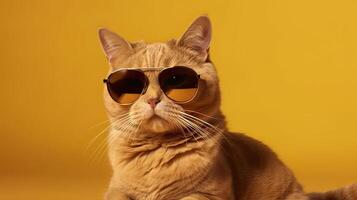 marrant studio coup de cool chat portant des lunettes de soleil sur Jaune Contexte avec copie espace. génératif ai. photo