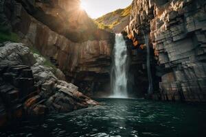 génial vue sur cascade avec coloré ciel pendant le coucher du soleil. magnifique la nature paysage. Voyage est une mode de vie, concept. Islande populaire endroit de Voyage et touristique emplacement. génératif ai. photo