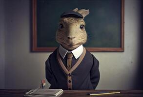 portrait de un anthropomorphe capybara habillé comme une écolier dans une Salle de classe. produire ai. photo