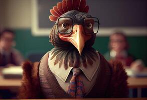 portrait de un anthropomorphe dinde habillé comme une écolier dans une Salle de classe. produire ai. photo