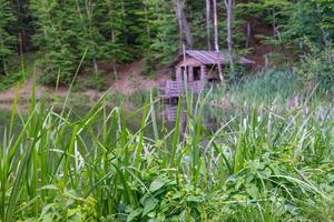 Une cabane au bord d'un lac entouré d'arbres à Yalta, en Crimée photo