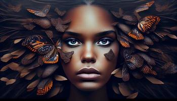 femme visage collage en dehors dans le milieu de une plein groupe de papillons. produire ai. photo
