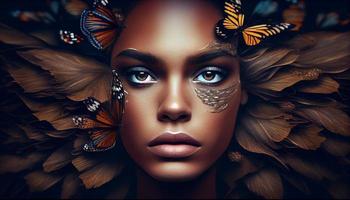 femme visage collage en dehors dans le milieu de une plein groupe de papillons. produire ai. photo