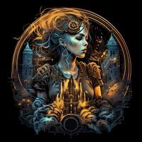 génératif ai illustration de cyberpunk zodiaque signe avec une industriel fumée, mécanicien détail sur épaules, pollution, centré à l'intérieur complexe or et Feu cercle de ville et grattes ciels, vapeur punk photo