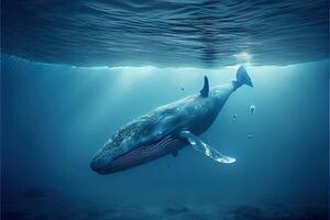 génératif ai illustration de bleu baleine en dessous de eau, océan photo