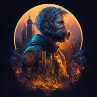 génératif ai illustration de cyberpunk astronaute avec une industriel fumée, mécanicien détail sur épaules, pollution, centré à l'intérieur complexe or et Feu cercle de ville et grattes ciels photo