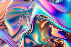 génératif ai illustration de holographique liquide Contexte. holographique iridescent toile de fond. nacré pente et déjouer effet pour conception impressions. arc en ciel métal photo
