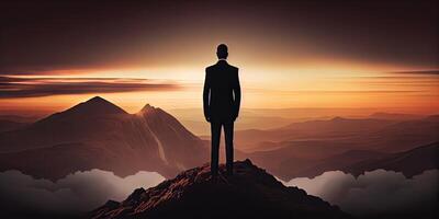 génératif ai illustration de une solitaire affaires homme sur Haut de le Montagne photo