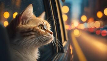 marrant chat monte dans une voiture et regards en dehors de le fenêtre à le rue. génératif ai photo