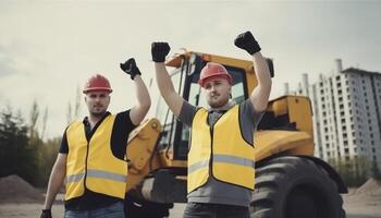 construction ouvriers élever leur mains dans le air la main d'oeuvre jour, ai génératif photo