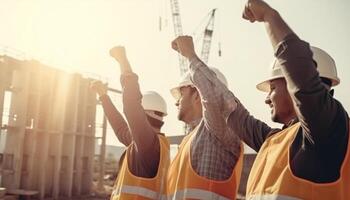 construction ouvriers élever leur mains dans le air la main d'oeuvre jour, ai génératif photo