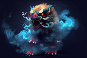 génératif ai illustration de anthropomorphe traditionnel chinois Lion danse, gros rond yeux, dodu corps, chinois printemps festival, lumineux particules, fumée photo