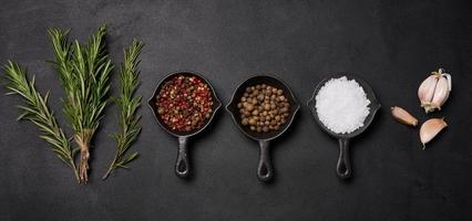 miniature des casseroles avec épices, sel, noir poivre et parfumé poivre, une brin de Romarin sur une noir tableau. épices pour cuisine photo