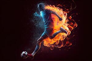 génératif ai illustration de le essence de une football joueur dans mouvement comme elles ou ils donner un coup une Balle avec intense énergie, entouré par vibrant couleurs et éclaboussures photo