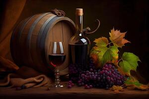 génératif ai illustration de du vin avec en bois baril, foins et grain de raisin photo