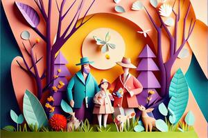 génératif ai illustration de origami printemps arrière-plan, joyeux âgé, content famille avec parent, coloré. papier Couper artisanat, 3d papier illustration style, pop couleur. neural réseau généré art. photo