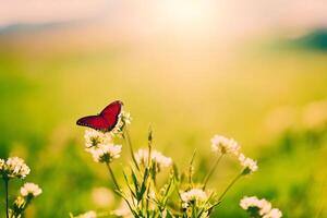 Naturel été avec herbe et une flottant papillon avec ai généré. photo