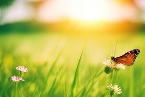 Naturel été avec herbe et une flottant papillon avec ai généré. photo