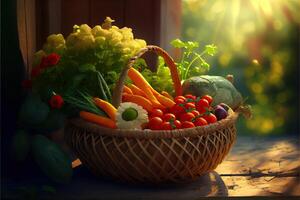 génératif ai illustration de panier avec des légumes dans le ensoleillé jardin photo