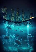 génératif ai illustration de bio luminescent ville en dessous de l'eau photo