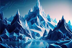 génératif ai illustration de abstrait hiver la glace Montagne paysage avec différent nuances de bleu photo